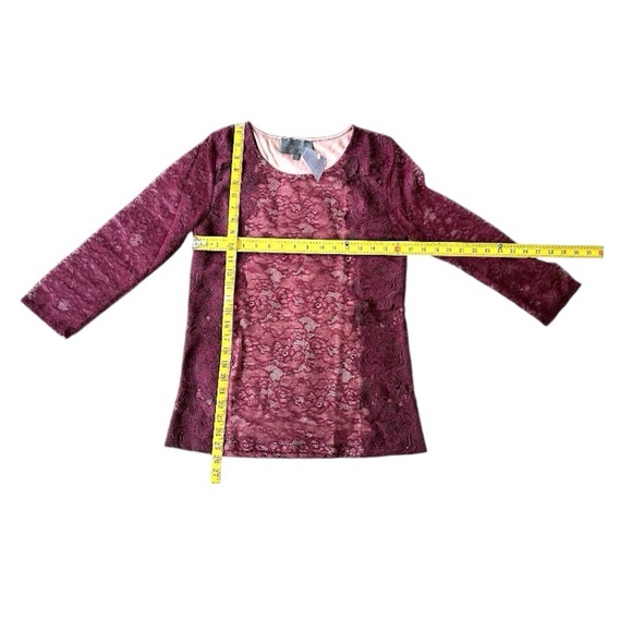 $148 Anthropologie Vintage Top Medium 6 8 Wine Lace Overlay 3/4 Sleeve Mixd Lace - Picture 10 of 16